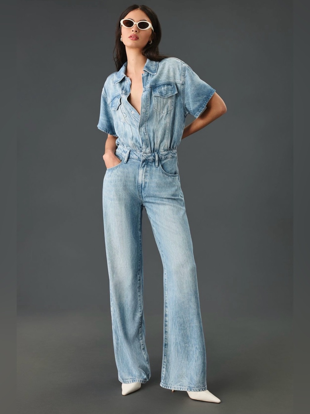 Good American Weightless Blue Denim Jumpsuit Lightweight Casual Wide-leg